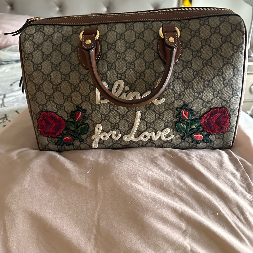 Gucci Cream and Brown Satchel with Floral Embroidery